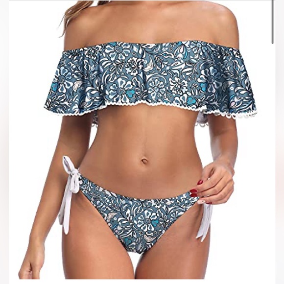 NWT - Tempt Me Cheeky Hipster Off Shoulder Ruffle Two Piece Bikini Black Floral - Picture 5 of 8